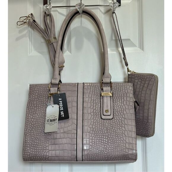 ST. BARRY - NWT 2-Piece Satchel & Wristlet/Stone Grey Croc-Embossed Faux Leather - Picture 1 of 16